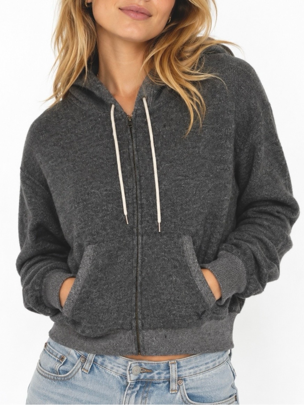 American Eagle Outfitters Dark Gray Full‑Zip Hoodie with Drawstring- fits like S